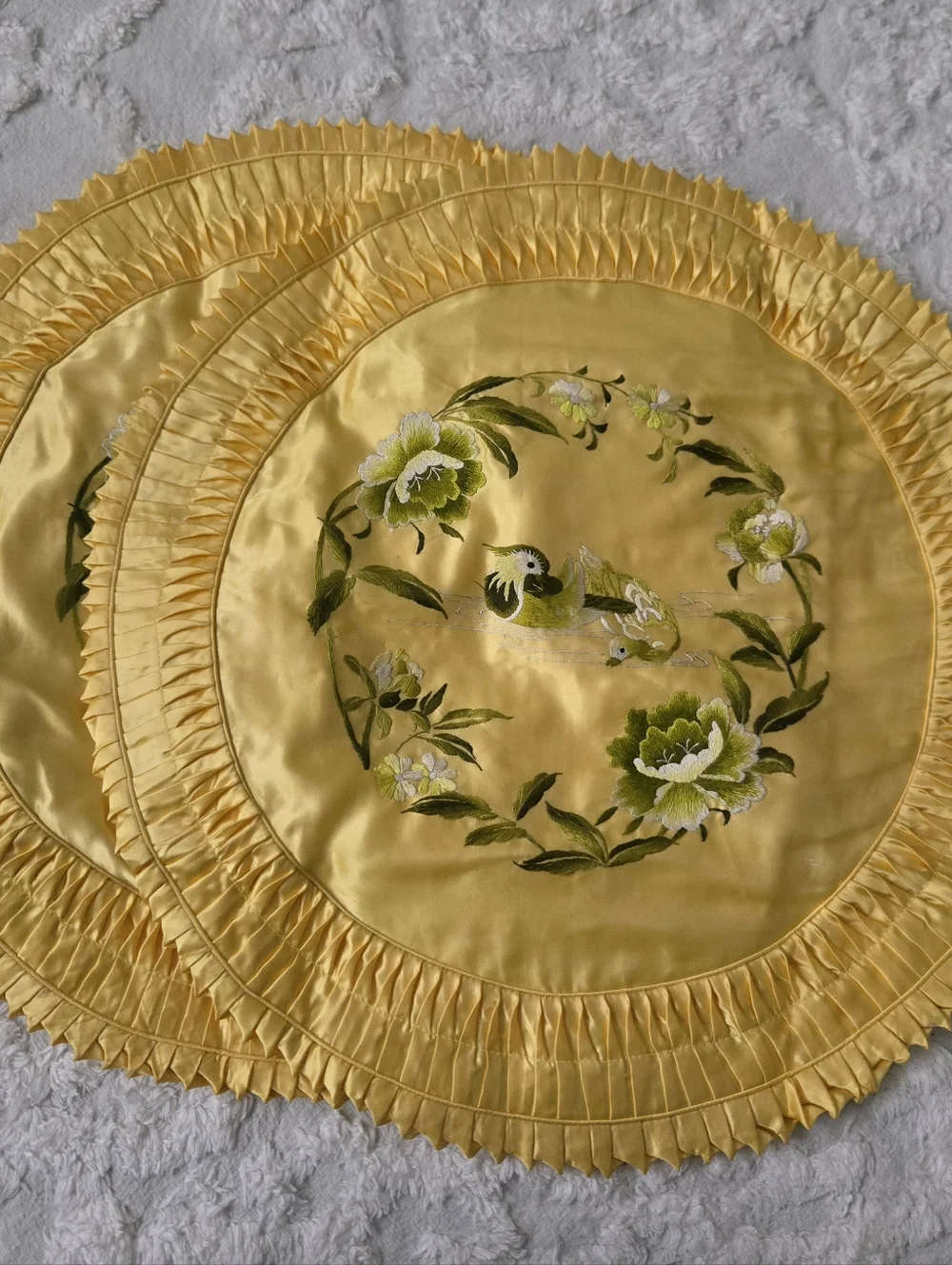 Vtg Silk Embroidered Pillow Covers, Mid Century, Birds, Floral, Like New